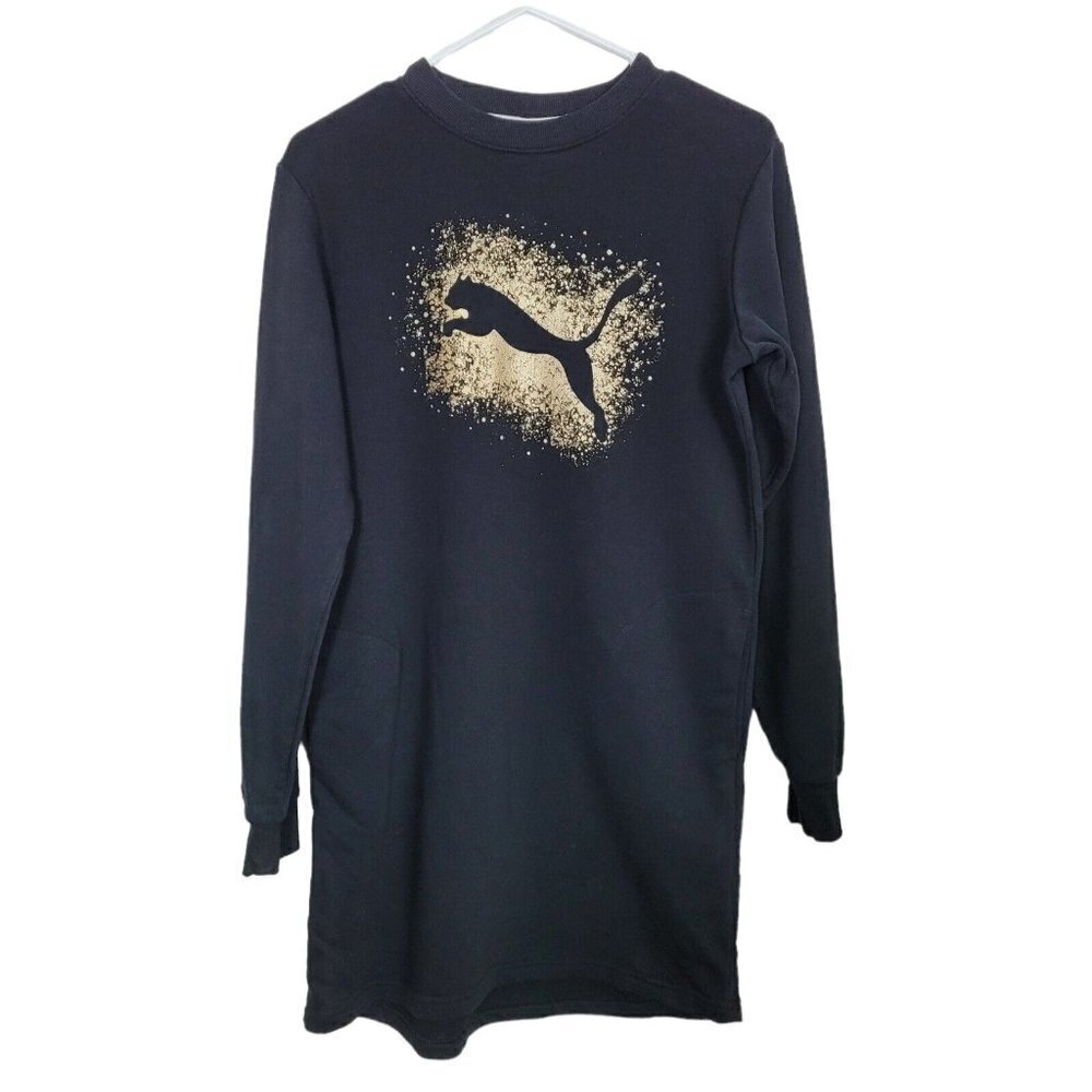 PUMA Glitz Urban Athletic Sweatshirt Dress Black Gold Sz Small Side Pockets EUC